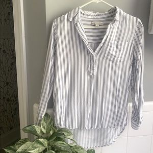 navy blue and white striped blouse